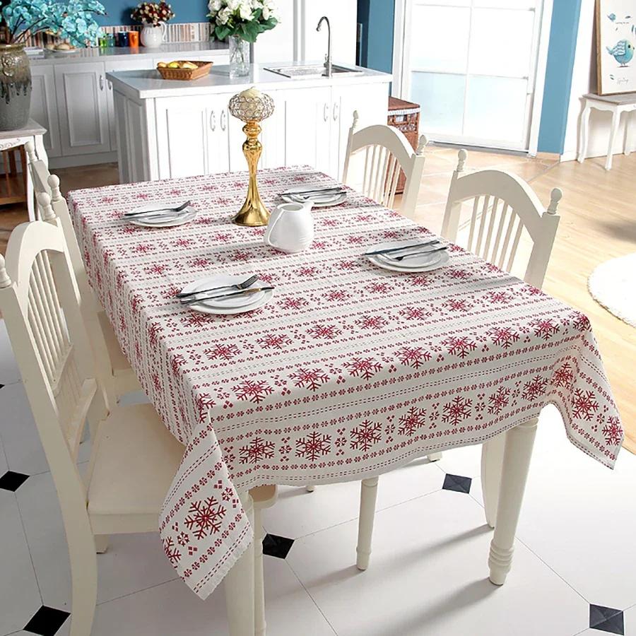 Red Snowflakes Christmas Table Cloth Customizable Linen Cotton Tablecloth for Wedding Banquet Party Kitchen Washable Table Cove