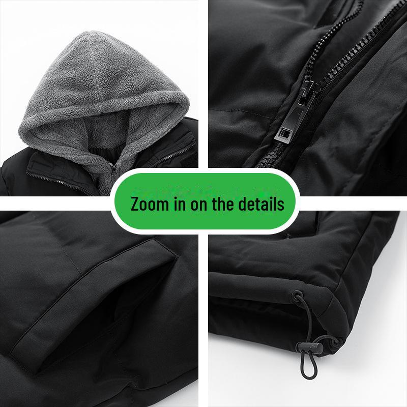 Men's Winter Hooded Faux Two-Piece Fleece Cotton Jacket - Thick and Warm