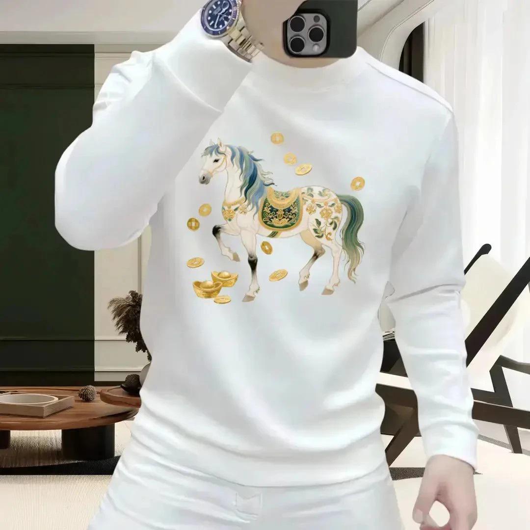 

Men s Instant Wealth Print Round Neck Hoodie - Autumn/Winter Trendy Long Sleeve Top 5XL