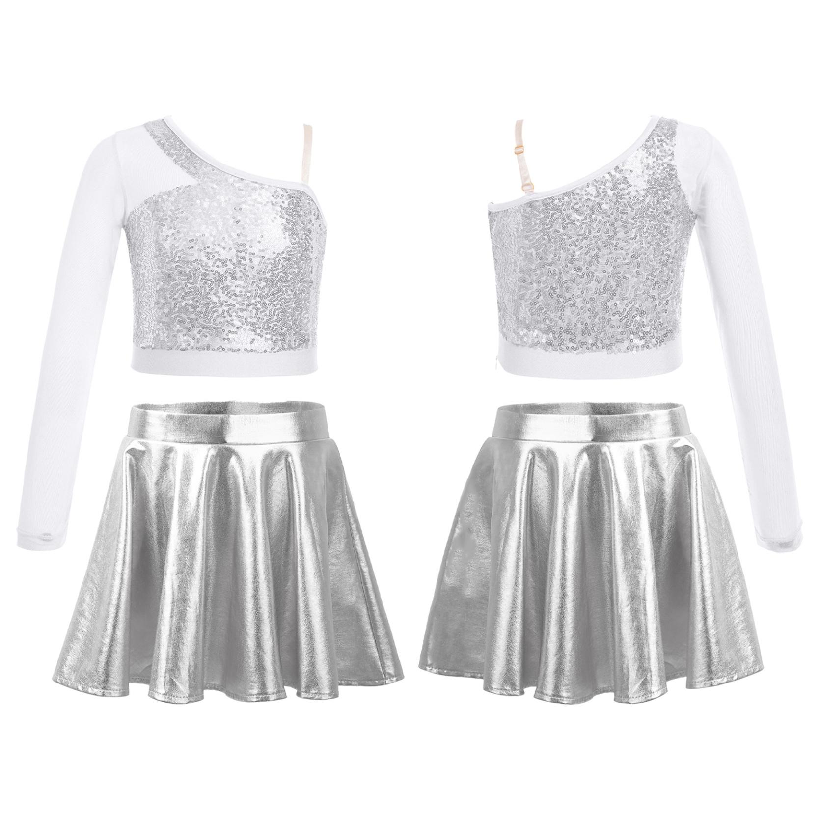

Детский танцевальный костюм для девочек, танцевальный топ с блестками, укороченный топ на одно плечо с длинными рукавами и расклешенная юбка серебряный
