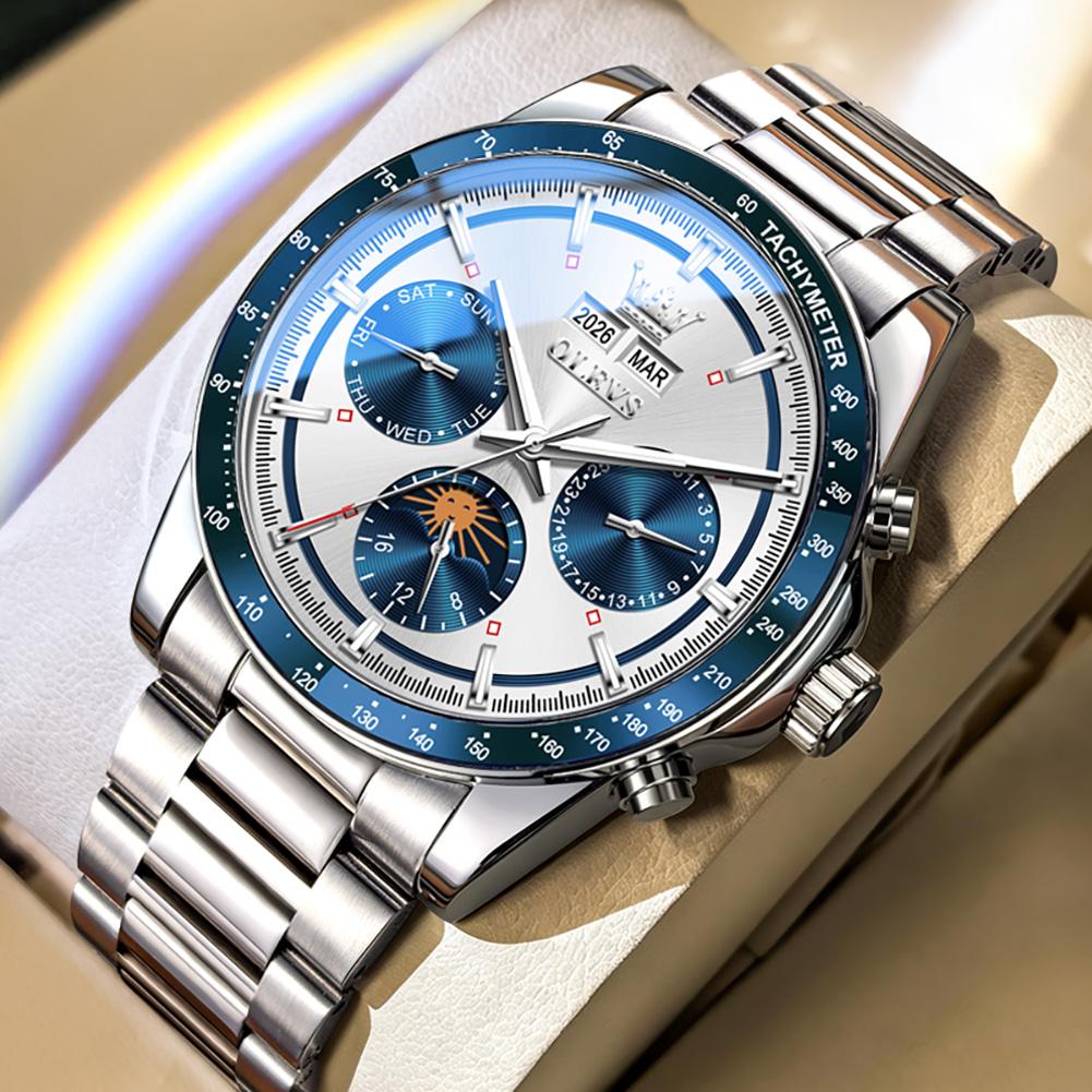 OLEVS Men Automatic Wristwatch Tachymeter Bezel Moon Phase Week Month Date Display Stainless Steel Waterproof Sport Watch