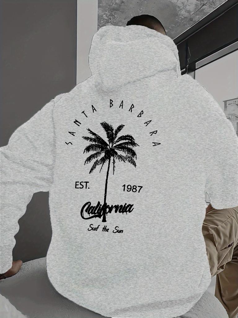 Coconut Trees Print Men's Fashionable Hoodie, Trendy Hooded Pullover Sweatshirt For Men, Perfect For Fall And Winter