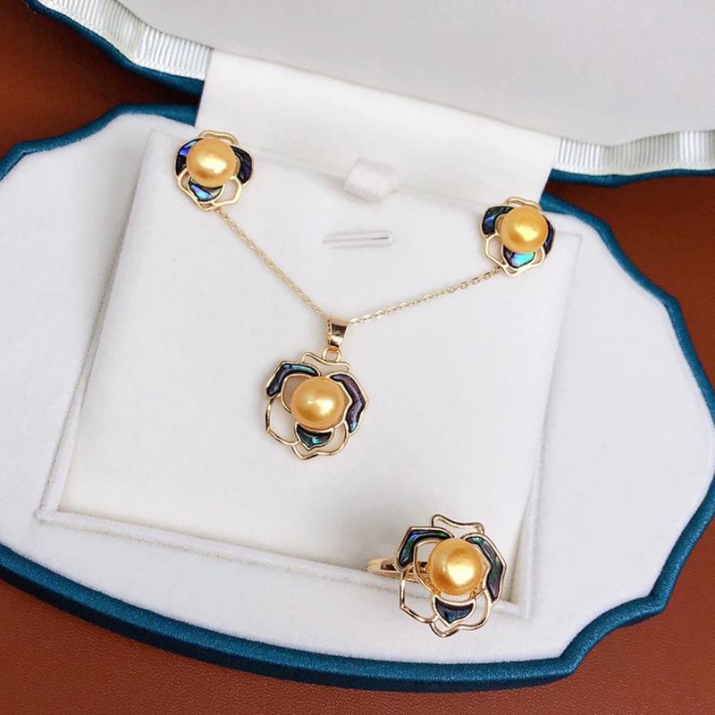 Exquisite Freshwater Pearl & Abalone Shell Jewelry Set: Earring, Ring, Pendant - Camellia Design