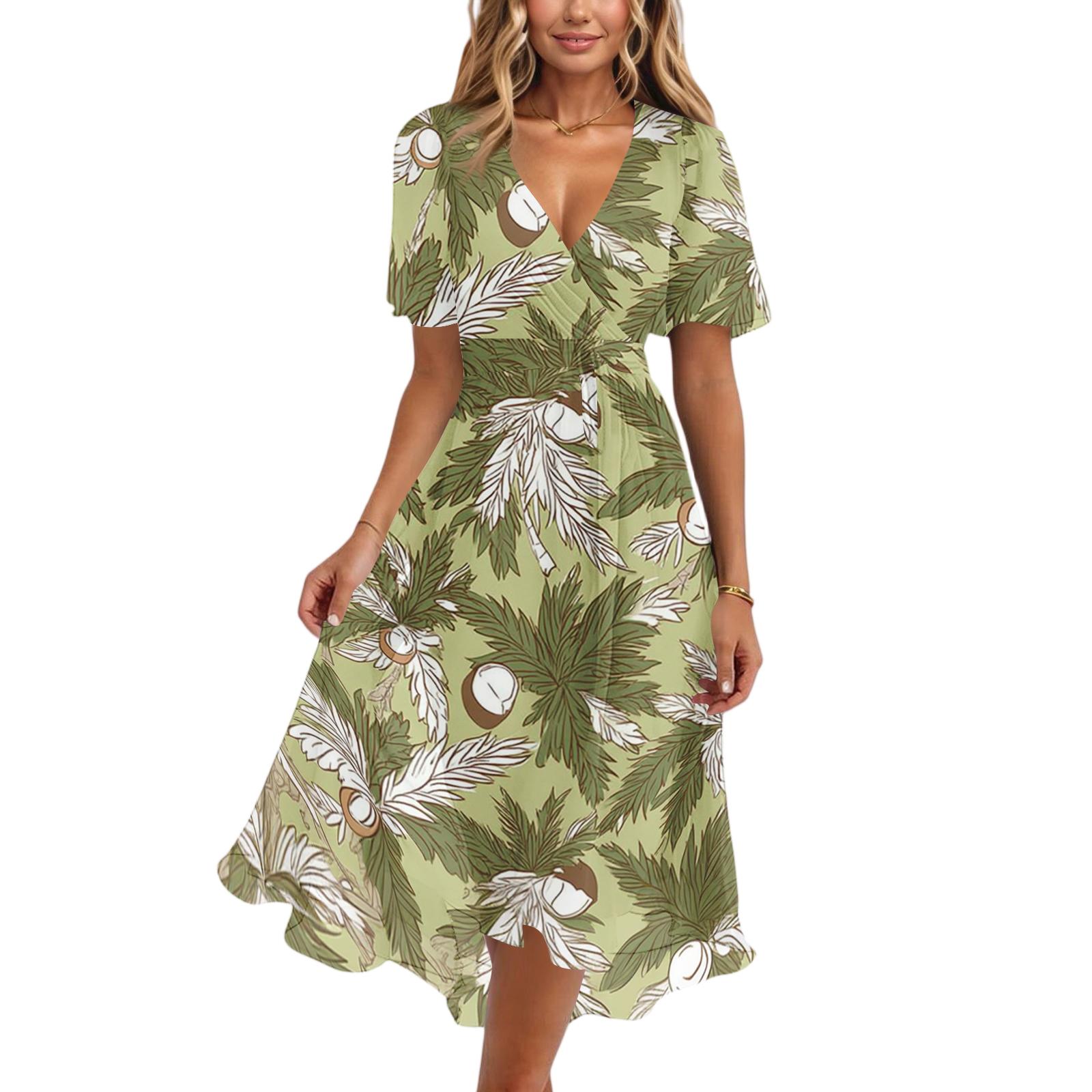 Women s fashion casual V-neck short sleeve printed dress M