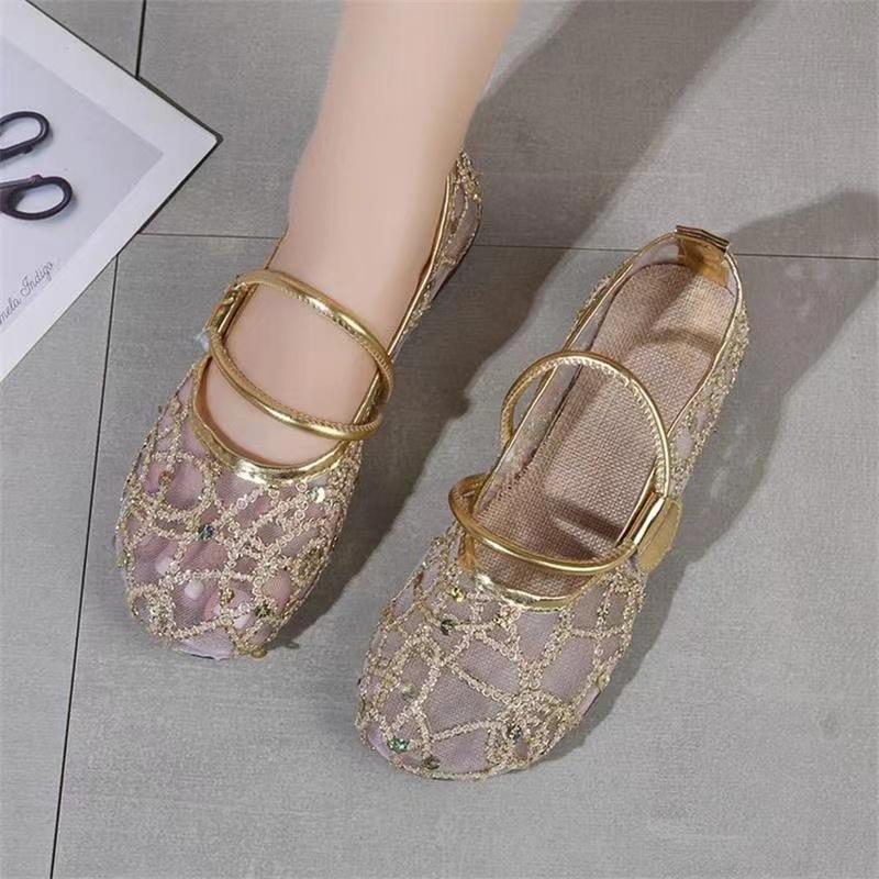 Women Flat Shoes Golden Bling Breathable Casual Shoes for Women Mary Janes Walk Drive Shoes