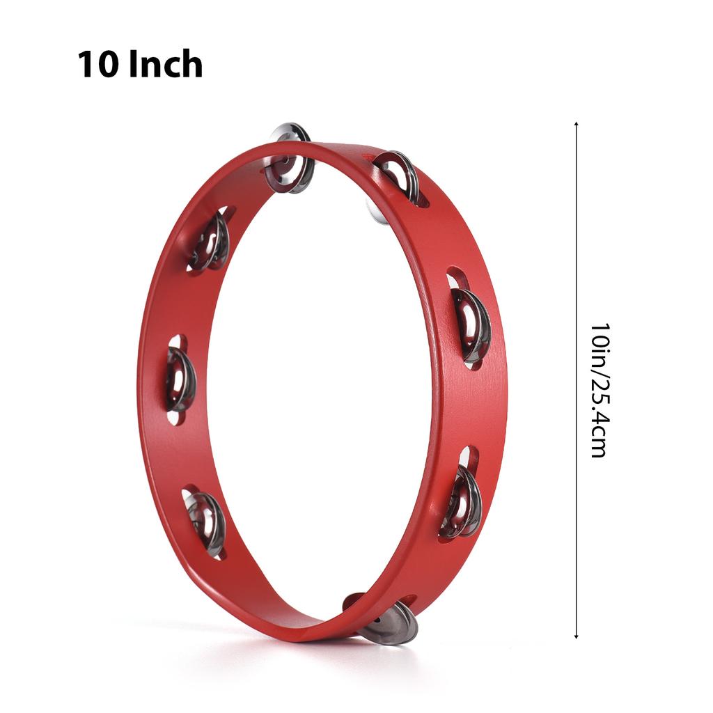10-inch Tambourine for Adults Pleasant Jingle Sound Red Hand Cranked Bell Rings Wooden Metal Bell