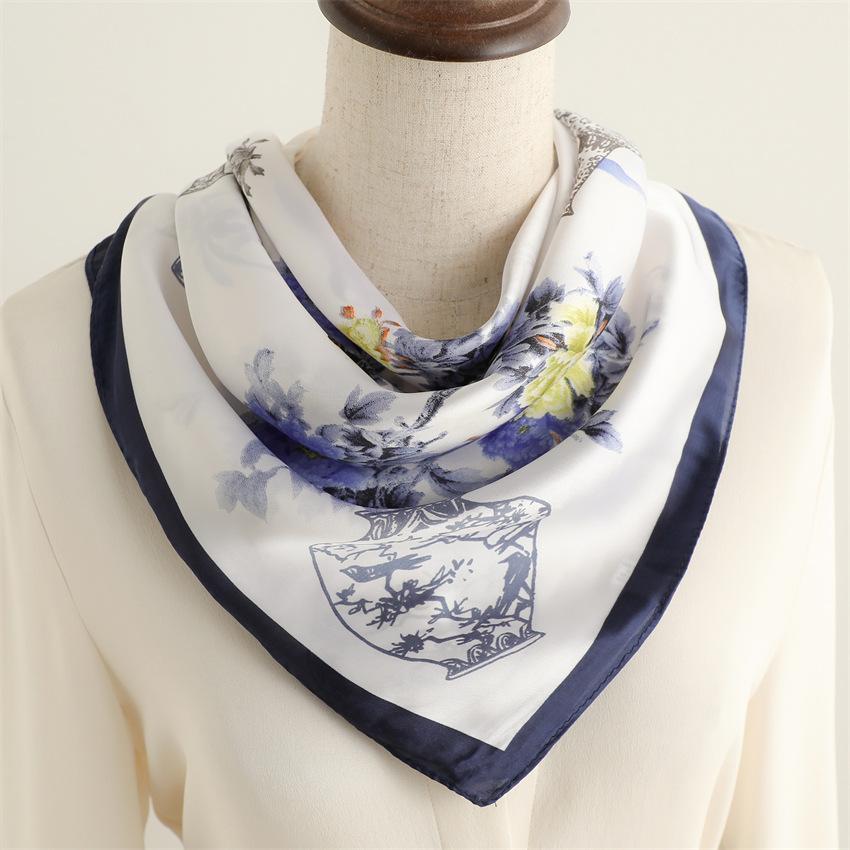 Blue and white porcelain plain silk scarf sunscreen shawl national style fashion scarf imitation silk 71cm square scarf professional scarf women
