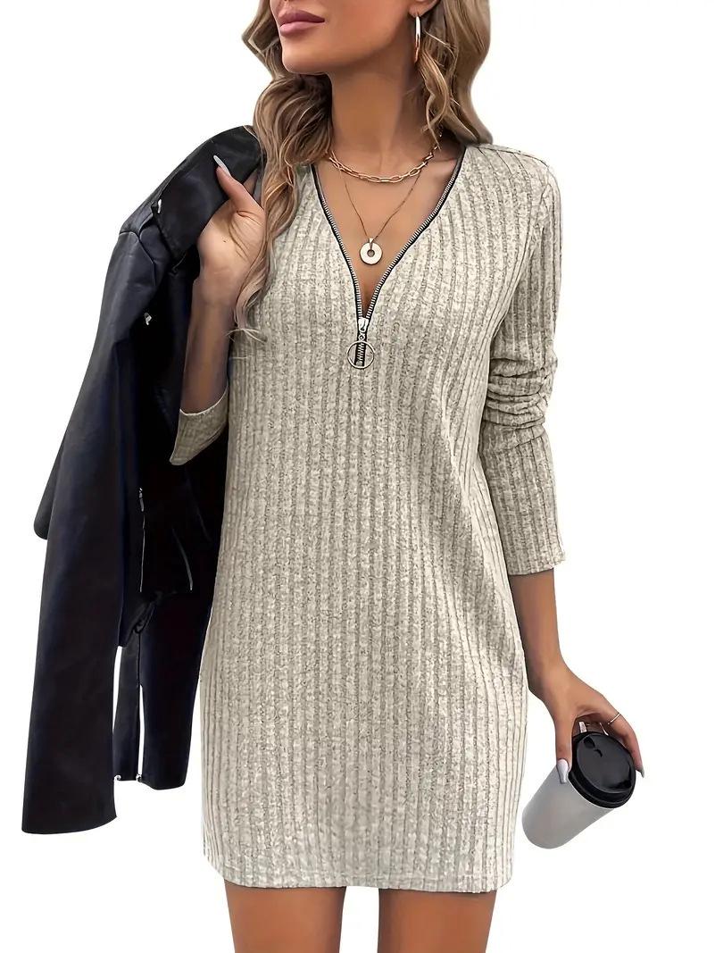 

Elegant V-neck Ribbed Dress for Spring and Autumn XXL абрикосовый