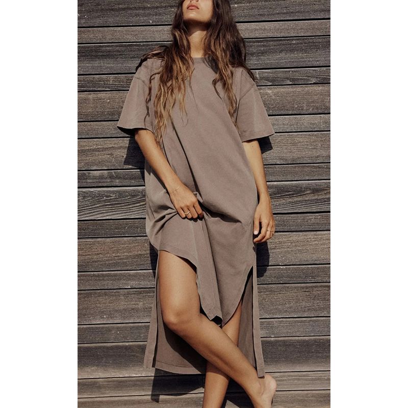 Summer New Product Women's Clothes Round Neck Short Sleeve Slit Design Cotton Long A- Line T-shirt Dress 4174465