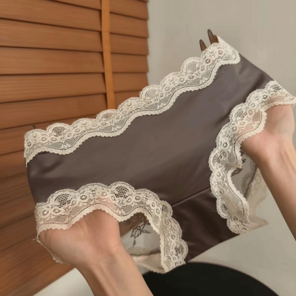 Breathable Mid Waist Lace Satin Panties Sweet Mesh Bow Briefs Patchwork Invisible Underwear for Women Girls