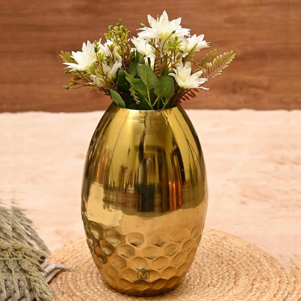Gold Iron Vase – 11 Inches, Handcrafted Decorative Vase with Hammered Honeycomb Texture, Modern Flower Vase
