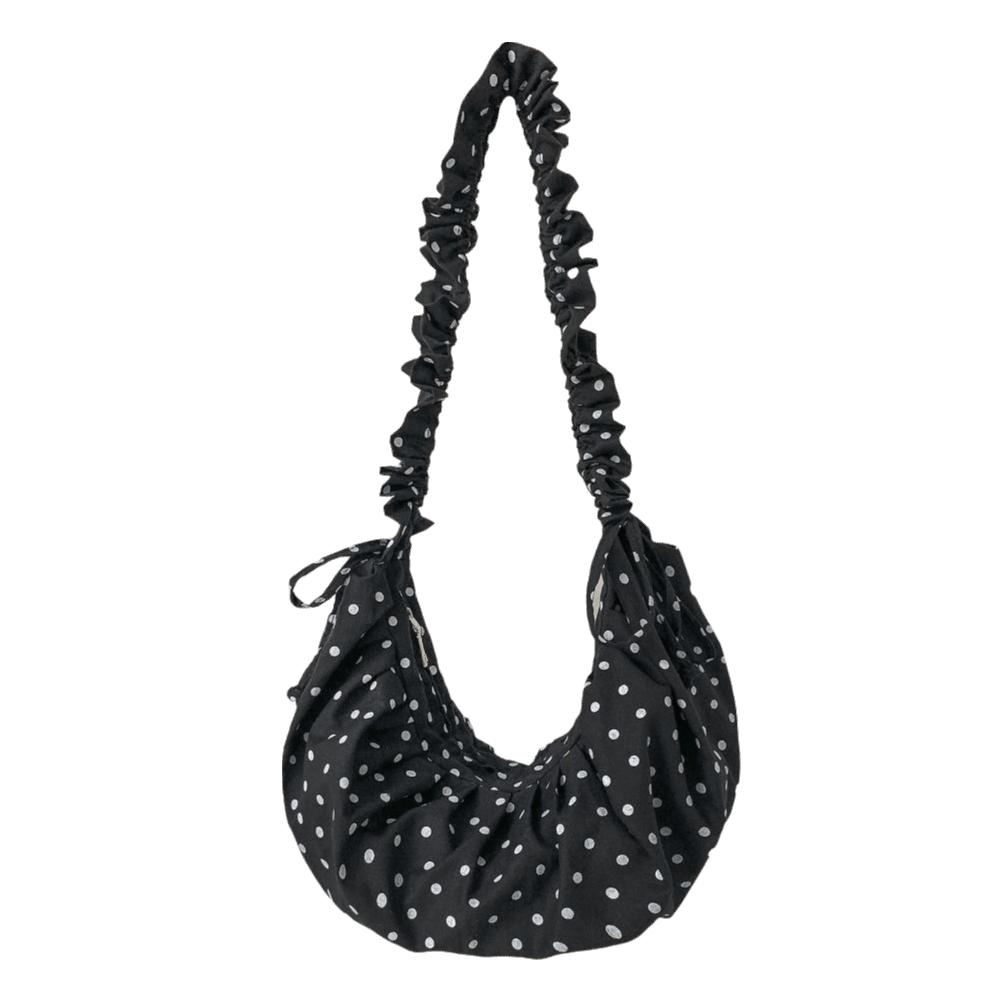 Korean Style Drawstring Shoulder Bag Lightweight Ballet Style Polka Dot Pleated Bag Dumpling Bag Large Capacity