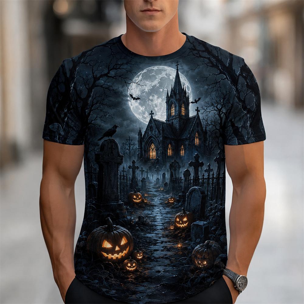 Halloween Horror Black Castle Print Short Sleeve T Shirts For Men Trend Streetwear Personality Holiday Essentials Pumpkin Tshirt