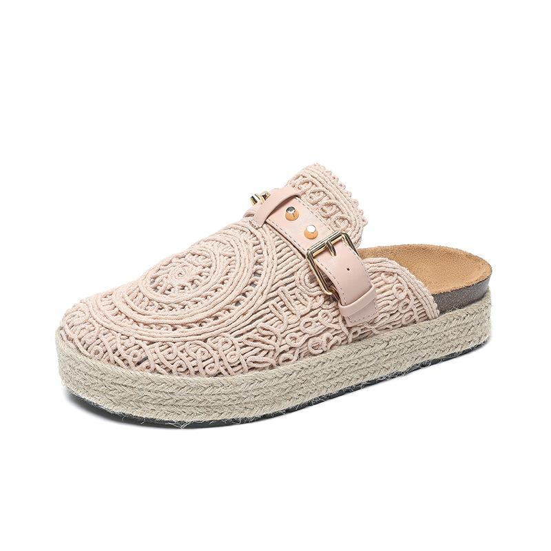 Fashion Flat Shoes Female Slippers Women Summer Slides Fretwork Heels Loafers Cover Toe Fabric Rubber PU Scandals Cotton Round Slippers