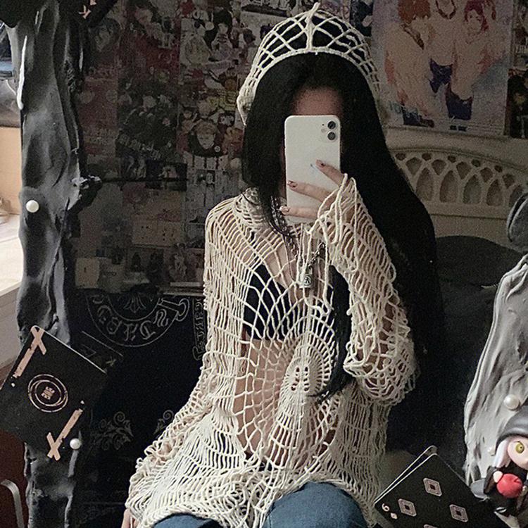 Y2k roupas y2k teia de aranha oco buraco design tempero menina com capuz pulôver malha superior camisola feminina moda coreana
