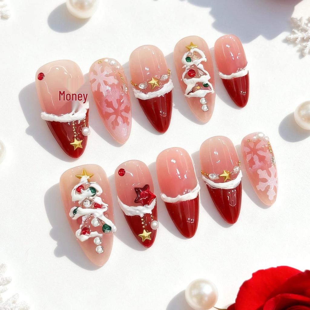 30-Piece Set: Handmade Almond Nails with 3D Flowers, Butterflies & Pearls