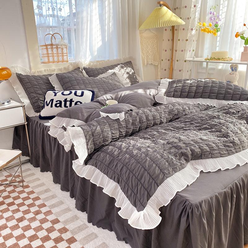 Kawaii Princess Seersucker Bedding Set For Girls Washed Cotton Korean Style Luxury Ruffle Lace Quilt Cover Queen Size Bed Skirt