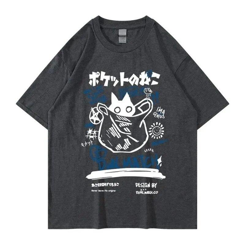 Unisex Women Cotton T-Shirt Japanese Kanji Funny Cat Printed T Shirt Harajuku Casual Short Sleeve Tshirt Streetwear Trend Tee Tops