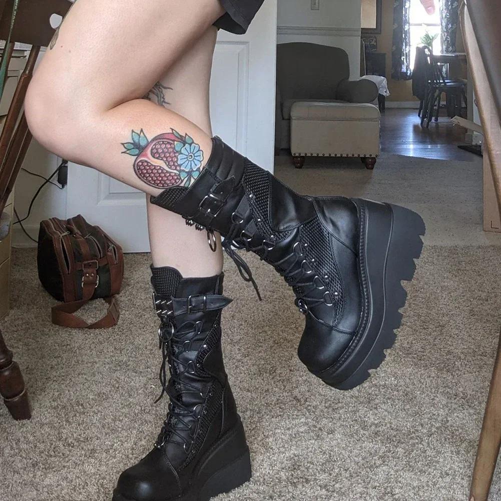 Fashion New Gothic Style Platform Vampire Cosplay Women Mid-calf Boots 2024 Winter Wedges Comfy Women Motorcycle Boots Shoes