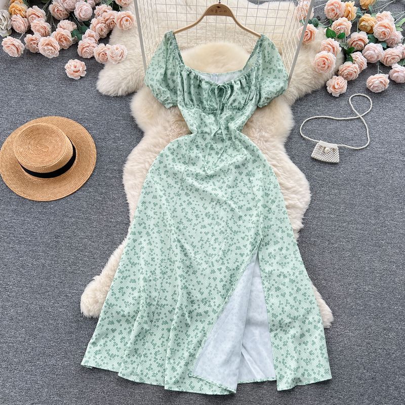 Puff Sleeves Summer Slimming Mori Style Split Dress