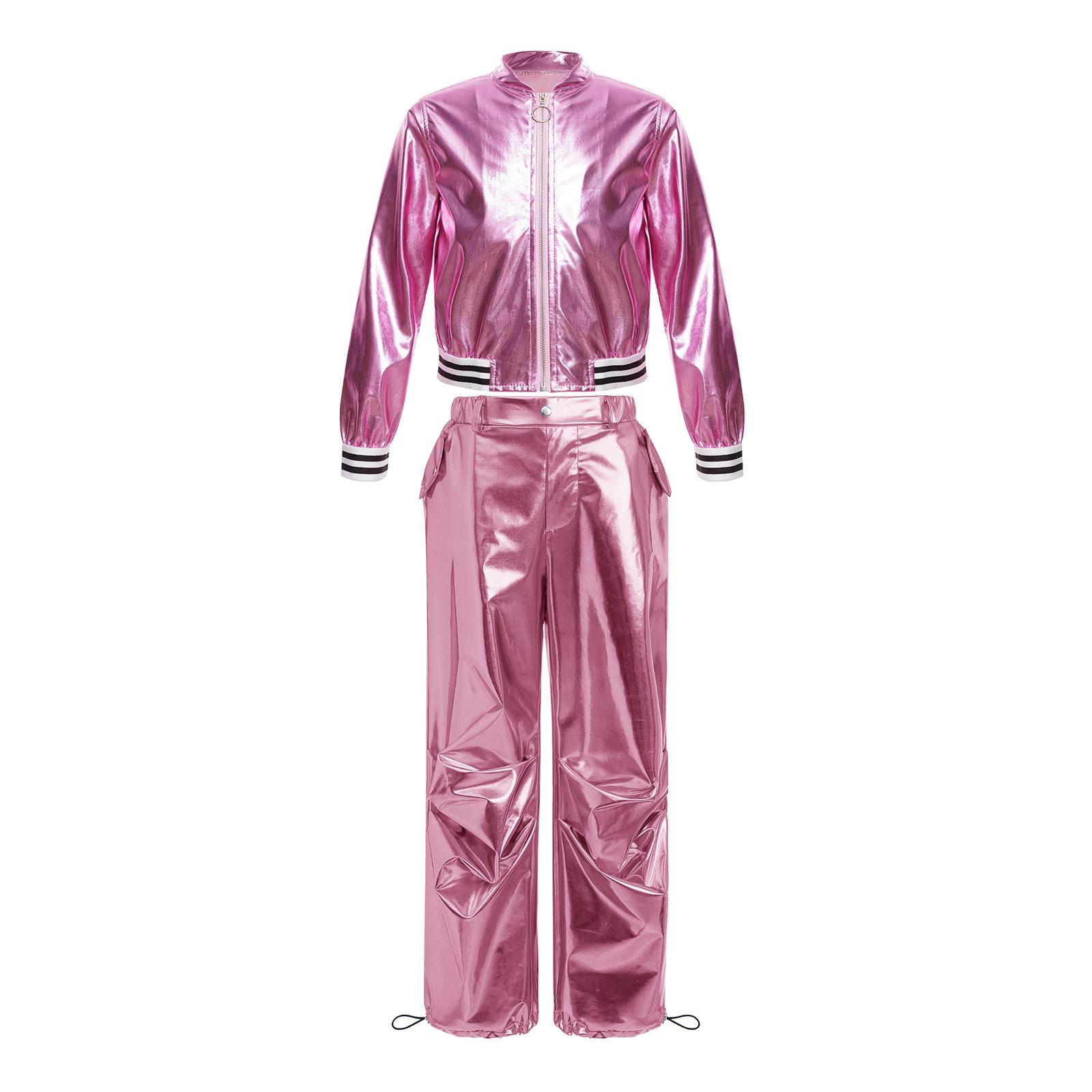 

Girls Jazz Dance Outfit Long Sleeve Stand Collar Zipper Striped Hem Jacket Metallic Shiny Cargo Pants 5-6 Years рожевий