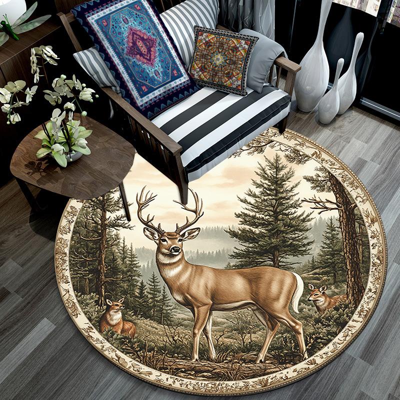 Deer Forest Round Area Rug,Carpet Rug for Living Room Bedroom Sofa Playroom Decor,Non-slip Floor Mat