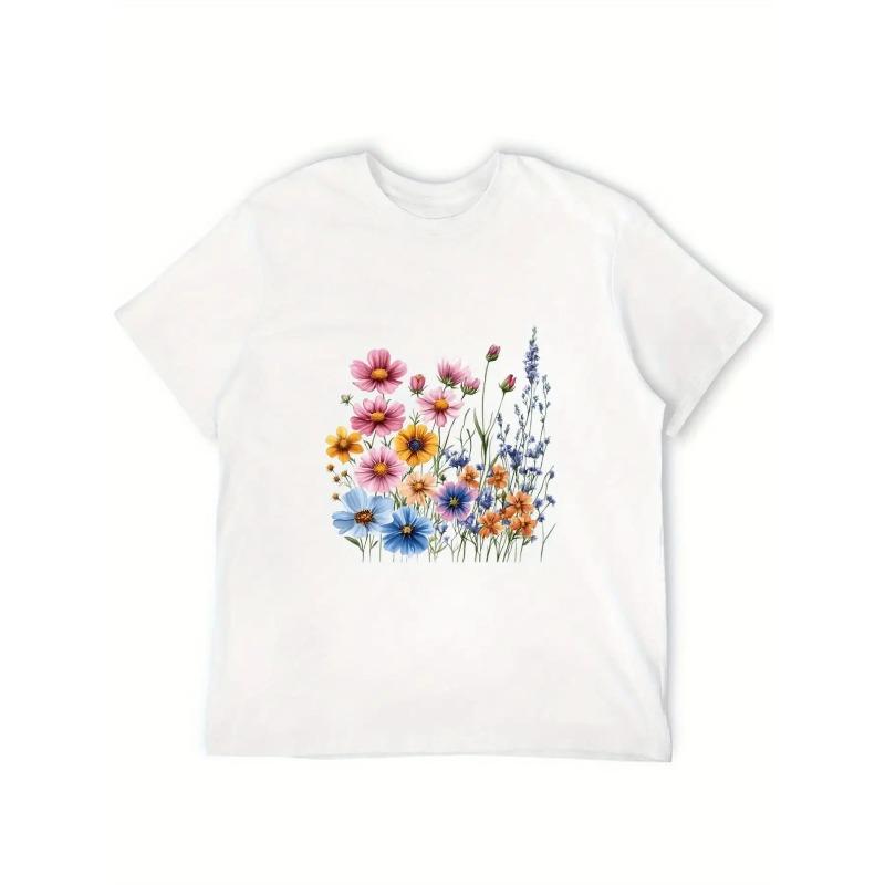 Women's Oversized Short Sleeve T-Shirt - White with Multicolor Pastel Floral Print Loose Fit Casual Top, Round Neck