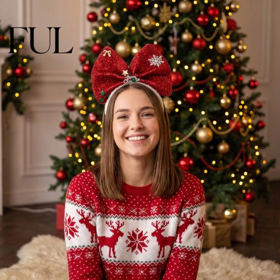 Decorative Snowflakes Headwear Sparkling Glitter Christmas Bow Headband for Women Girls, Giant Bowknot Hair Outfit Accessories with Snowflake Gift Box