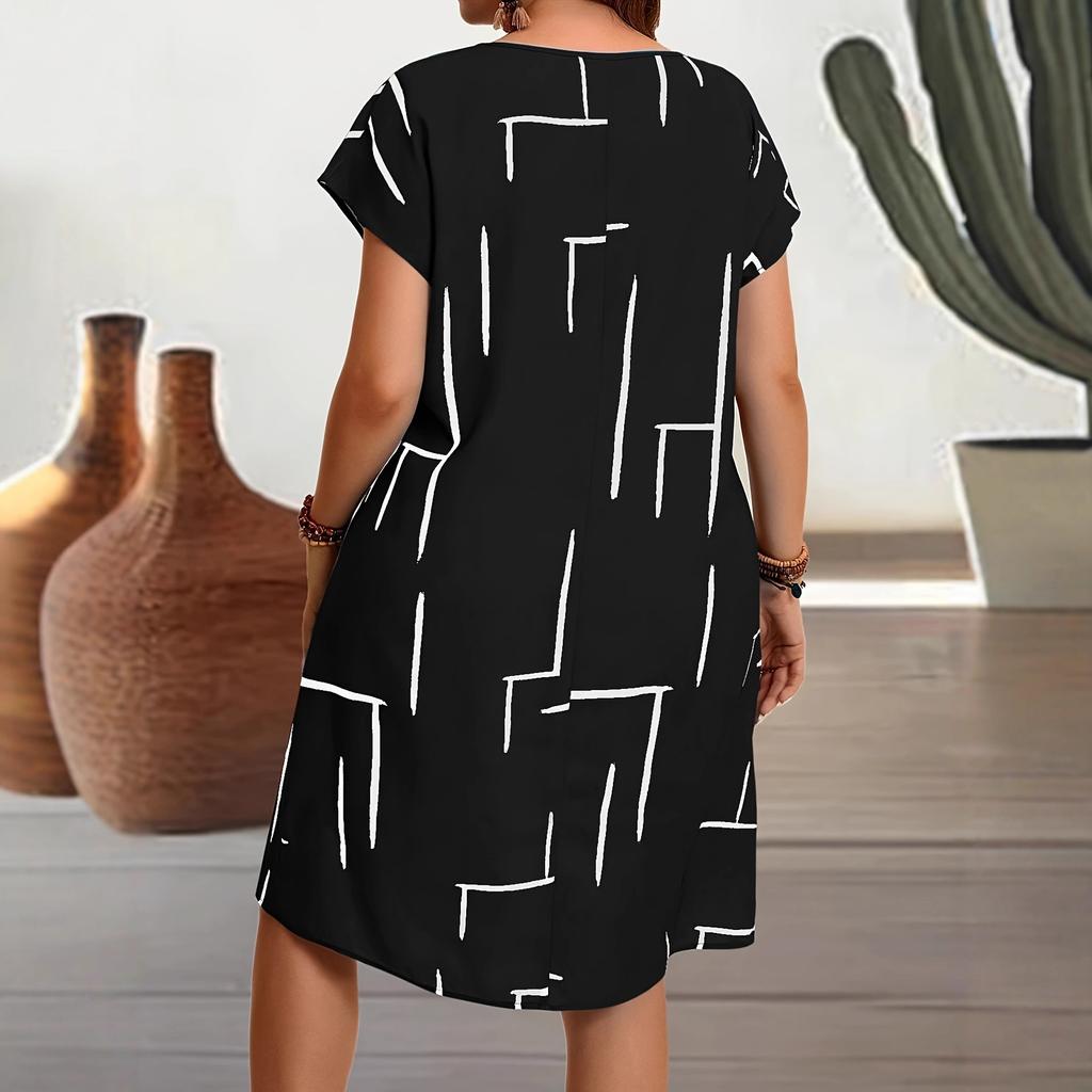 European and American new summer round neck loose fashion casual large size printed short sleeve dress women's clothing