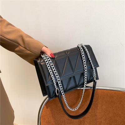 Bolsa de ombro com aba e alça de corrente de cor sólida, bolsa feminina bordada, bolsa transversal xadrez para uso diário