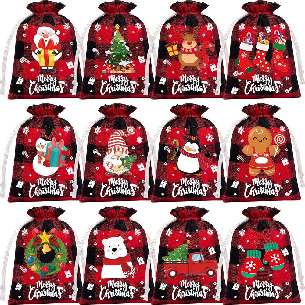 12pcs Christmas Checkered Linen Drawstring Bag Coarse Linen Candy Drawstring Storage Bag Children's Christmas Gift Bag Drawstring Bag