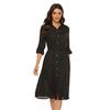Fashion Women Belt Flared Sleeve Casual Dress Solid Color Shirt Collar V-neck Waist Tie Shirt Dress