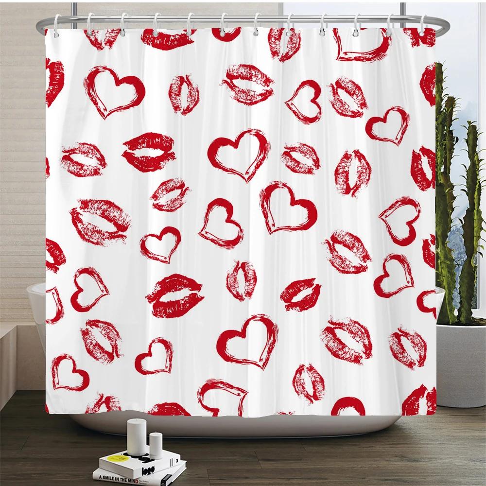 Love Heart Shower Curtain Romantic Red Pink Sexy Lips Waterproof Print Heart Pattern Bathroom Bathtud Decor Fabric With Hooks