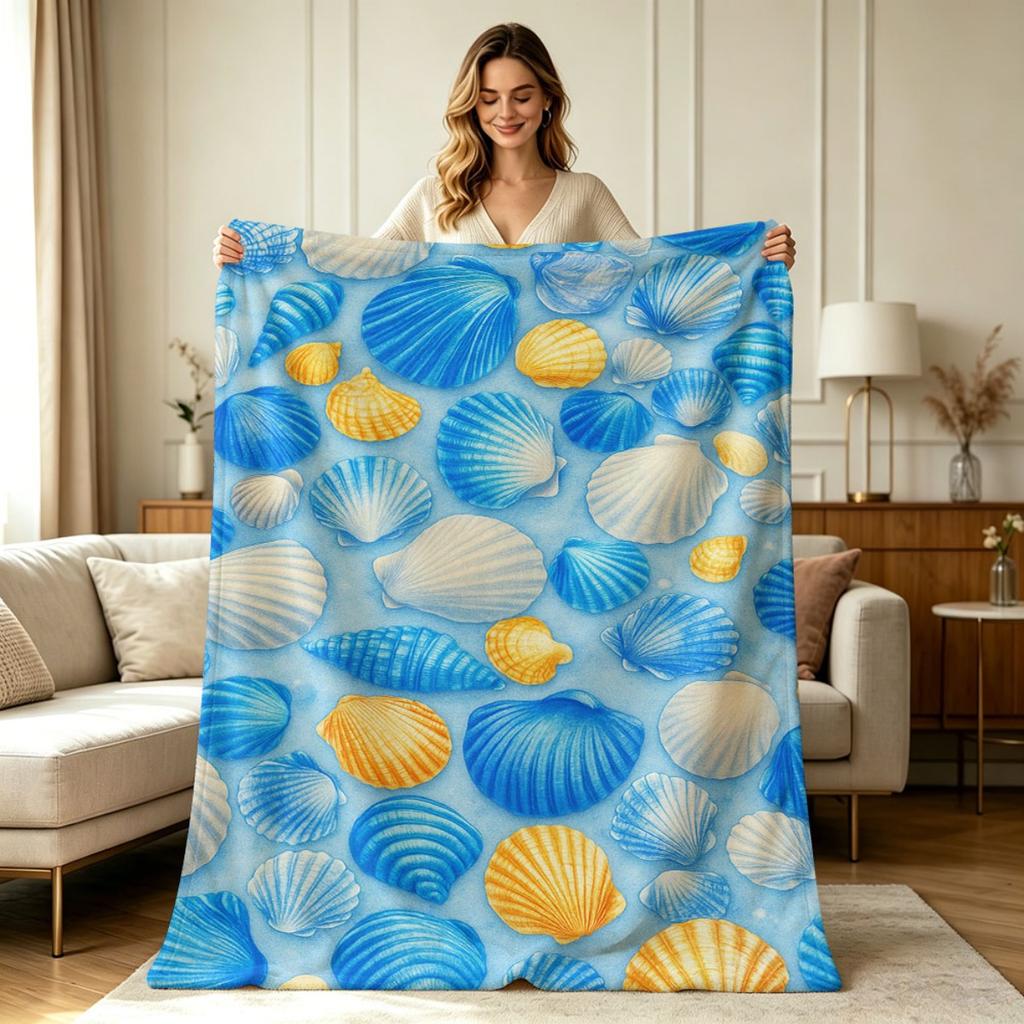 Soft Cozy Flannel Blanket with Seashell Print All Season Warm Lightweight Throw Blanket for Couch Sofa Bed Office Home Decorative Indoor Outdoor Use