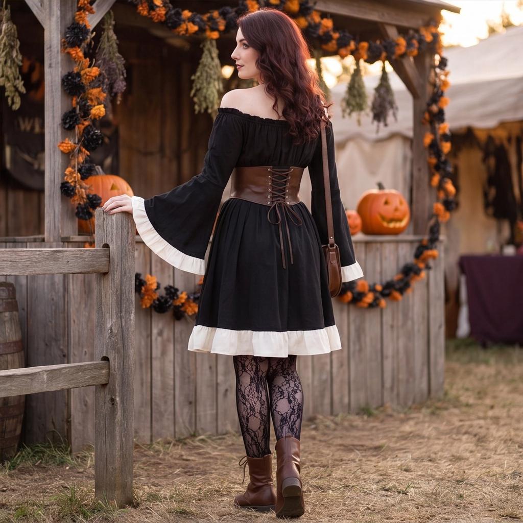 Womens Medieval Renaissance Dress Off Shoulder Gothic Style Corset Waist Vintage Long Sleeve Flared Skirt Costume for Halloween or Themed Events
