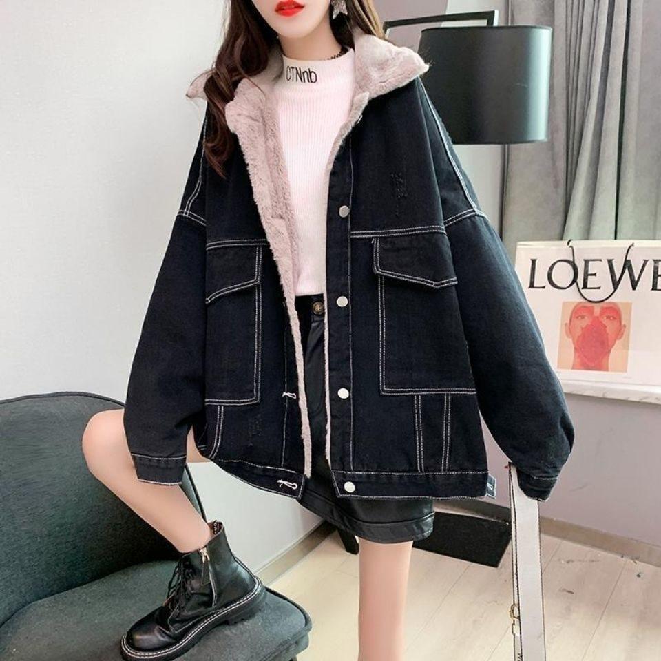 Women’s Fleece-Lined Denim Jacket, Loose Korean Style, Trendy 2025 Autumn/Winter Cardigan