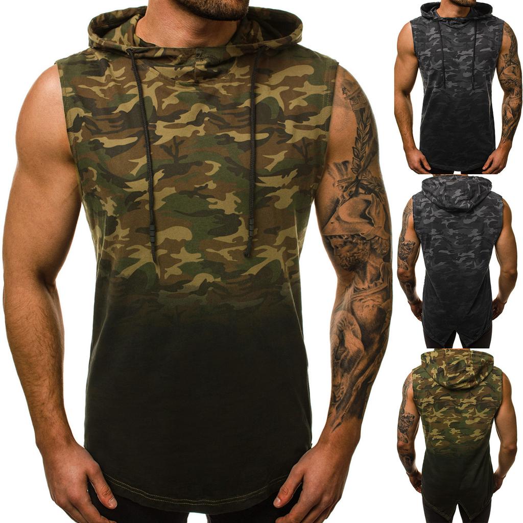 Pánská letní vesta kamuflážní 3D tričko bez rukávů s kapucí a digitálním přechodem
