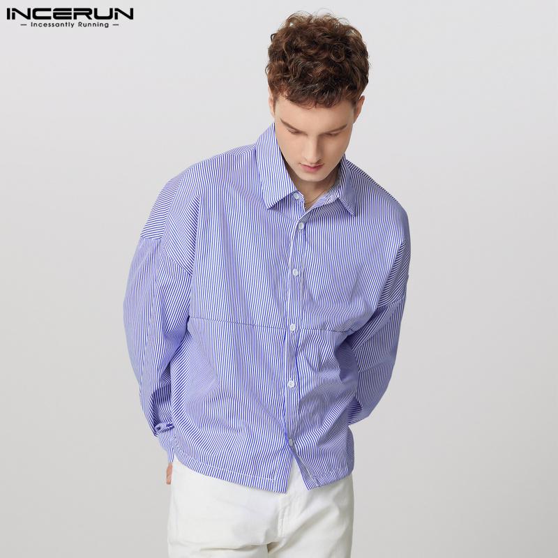 INCERUN Men Lapel Neck Long Sleeve Striped Casual Buttons Up Shirts