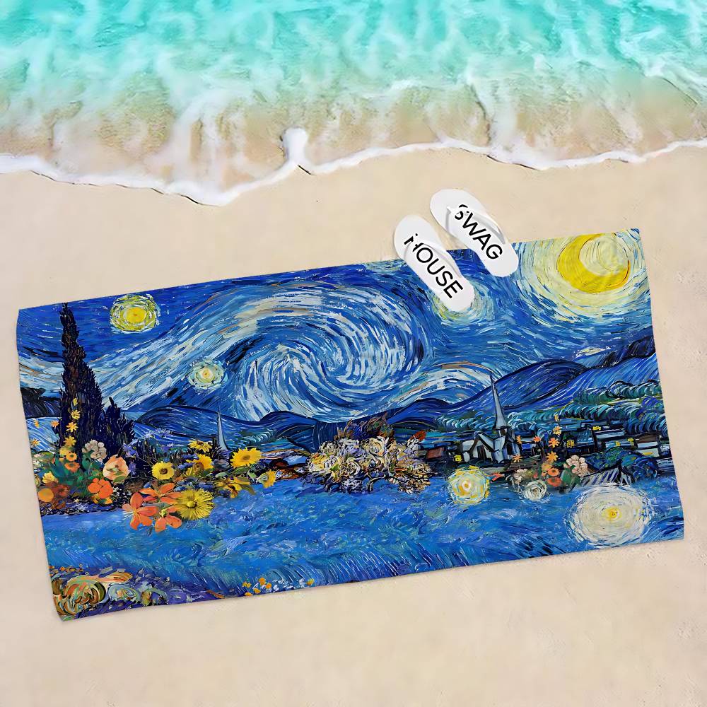 Van Gogh Starry Sky Art Microfiber Printed Beach Towel Mountain Climbing Yoga Beach Swimming Running Absorbent Soft Towel