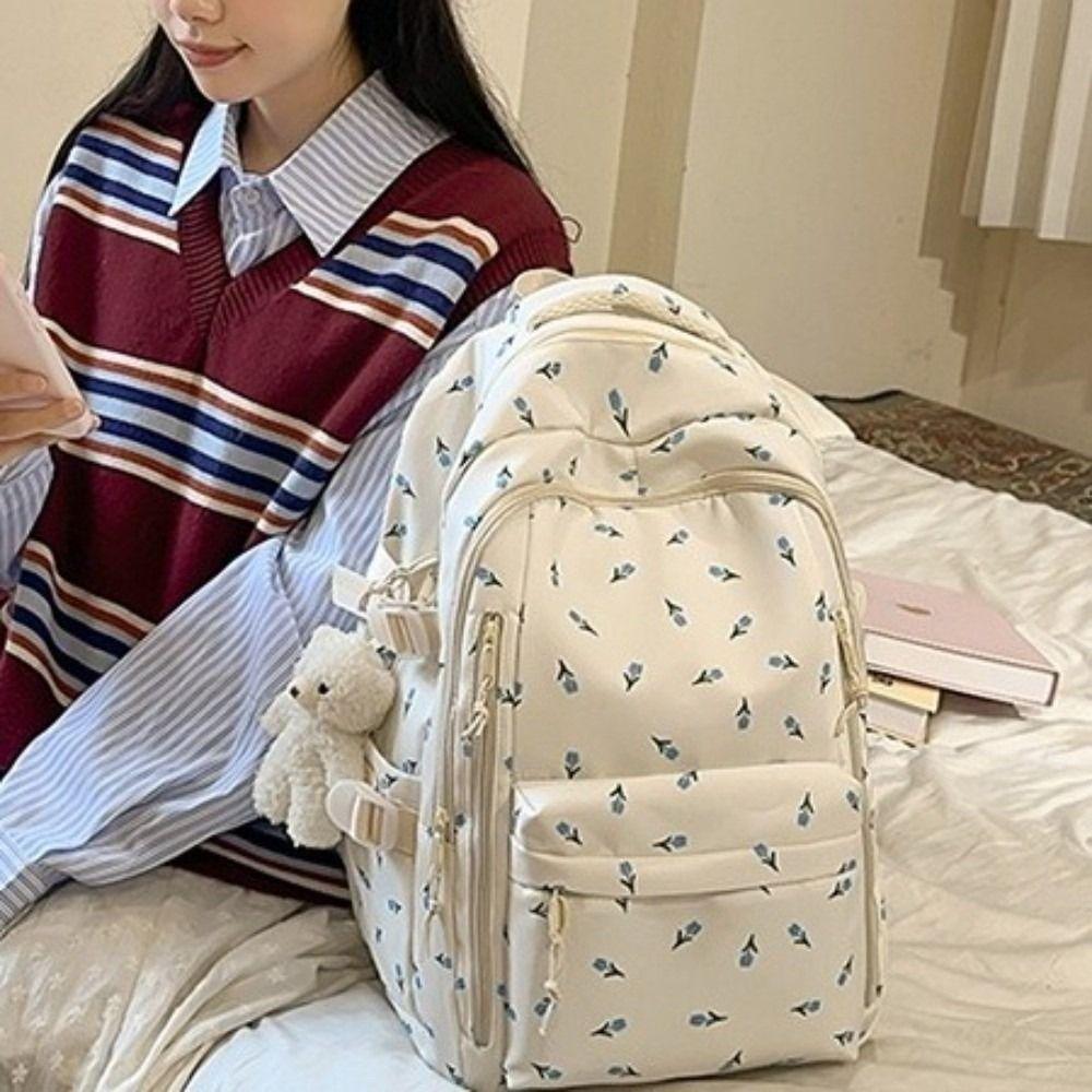 Großes Fassungsvermögen Schleifenmuster Schultasche Mehrere Fächer Rucksack Blumenmuster Rucksack Reise