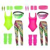 7Pcs/Set Women Retro Tracksuit 1980s Sportswear Fitness Outfit Costume Accessories with Vest Leggings Headband Bracelets Leg Warmers Earrings Belt Bag