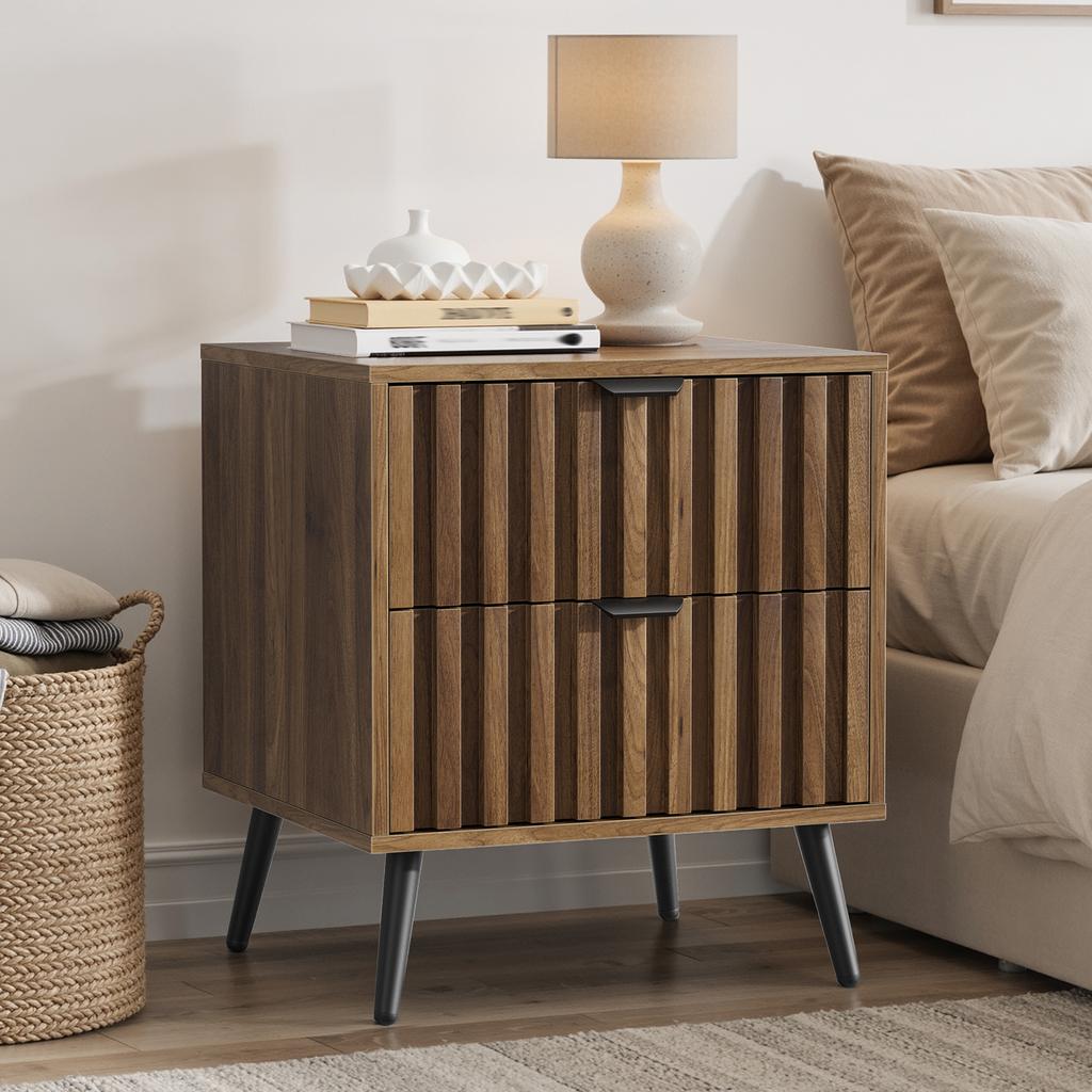 Table de chevet moderne avec design encastré et deux tiroirs, Convient pour la chambre à coucher, le couloir, le salon et la chambre d'enfants, Noyer, 45 x 40 x 53 cm, 1 pièce