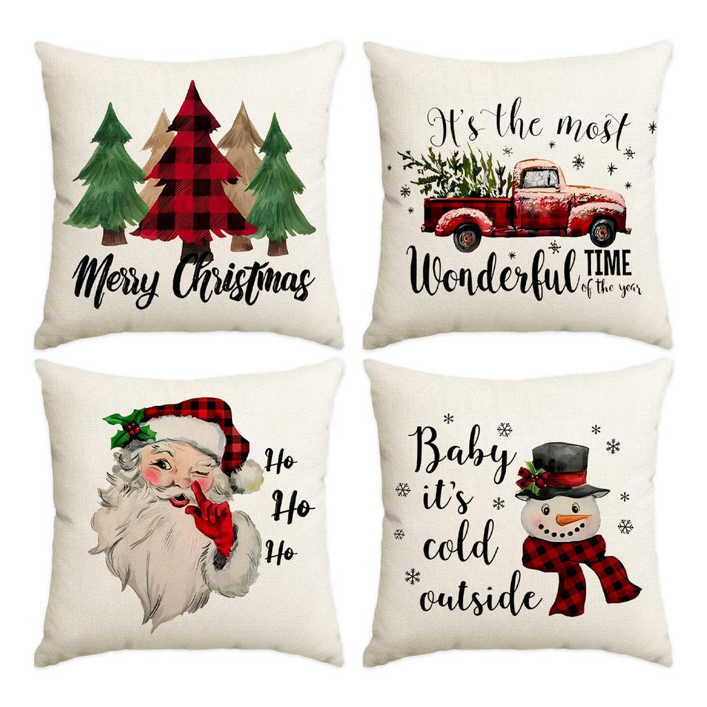 1/4pcs Christmas Pillow Cover, Elderly, Snowflake, Tree Printed Cushion Cover, Christmas Decoration (without Pillow Core)