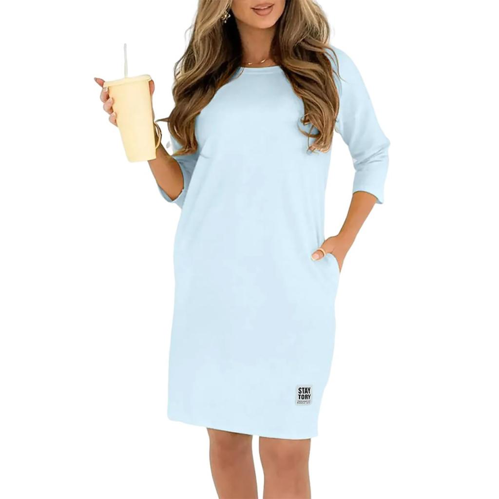 Γυναικείο Μοντέρνο Μονόχρωμο Φόρεμα με Στρογγυλή Λαιμόκοψη, Άνετη Γραμμή