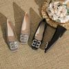 H263-7 New Commuter Flat-soled Women's Shoes Temperament Retro Large Rhinestone Buckle Decoration Square Head Shoes Children's Professional Office