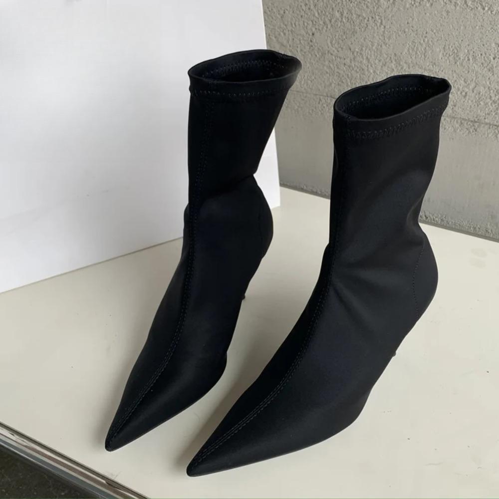 Stivali alla caviglia da donna in tessuto elasticizzato Autunno Primavera Punta appuntita sexy Tacco alto Moda Calzini da donna Scarpe con tacco a spillo