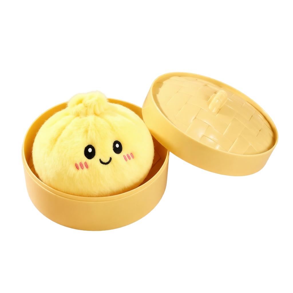 Plush Steamed Bun Keychain with Steamer Basket, Cute Soft Doll Toy for Bags and Keys