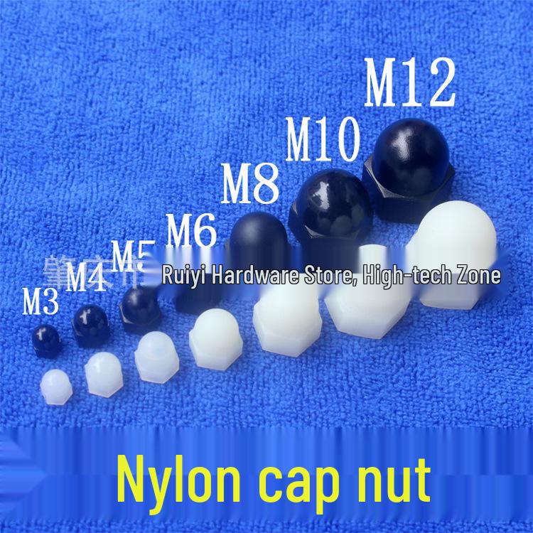Nylon Hex Cap Nut - Sizes M3 to M12, Black & White, PA Plastic