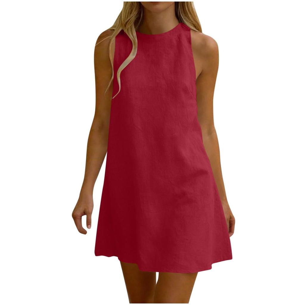 Sleeveless Pleated Dress Round Neck Short Dress Casual Vacation Dress Lightweight Summer Dress for Women