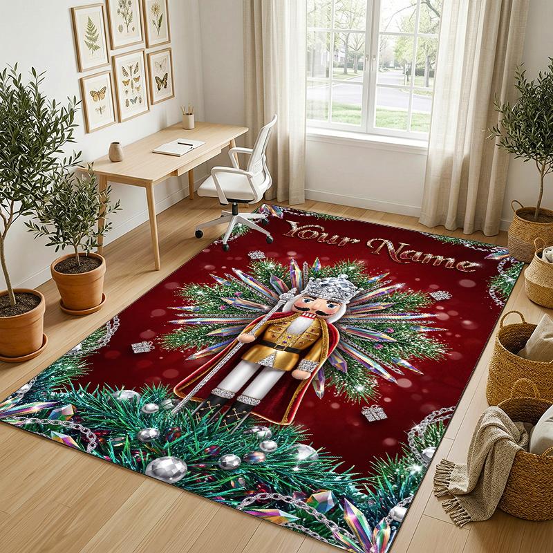 Christmas Theme Crystal Velvet Rug Personalized Custom Name Text Soft Floor Mat Home Decor